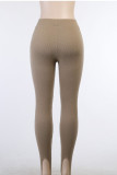 Khaki Sportswear Solid Patchwork Regular High Waist Pencil Bottoms