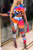 Multicolor Casual Print Patchwork O Neck Short Sleeve Two Pieces