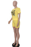 Yellow Fashion Active adult Ma'am O Neck Print Two Piece Suits Stitching Plus Size