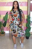 Grey Fashion adult Street White Black Grey Orange Yellow Black Green cartoon Multi-color Cap Sleeve Short Sleeves O neck A-Line Mid-Calf Print Patchwork Ombre bandage Colouring Dresses