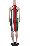 Red Fashion Sexy Red Blue Pink Yellow Wine Red Navy Blue Tank Sleeveless V Neck Hip skirt Knee-Length Striped Dresses