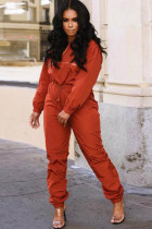 Orange Casual Two Piece Suits contrast color Solid Straight Long Sleeve Two-piece Pants Set