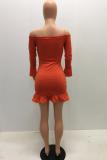 Red Fashion adult OL Ruffled Sleeve Long Sleeves One word collar A leaf skirt Mini ruffle Soli