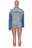 Blue Casual Print Patchwork Turndown Collar Straight Denim Jacket