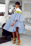 Black and white Fashion Casual Bubble sleeves Half Sleeves Mandarin Collar Asymmetrical Knee-Length fastener Patchwo