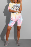 Pink Casual Letter Print Tie Dye Straight Short Sleeve Two Pieces