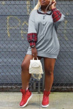 Grey Casual England Wrap sleeves Long Sleeves O neck Asymmetrical skirt Plaid Patchwork Solid Dresses