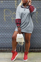 Grey Casual England Wrap sleeves Long Sleeves O neck Asymmetrical skirt Plaid Patchwork Solid Dresses