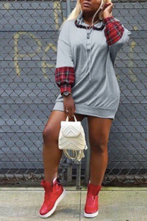 Grey Casual England Wrap sleeves Long Sleeves O neck Asymmetrical skirt Plaid Patchwork Solid Dresses