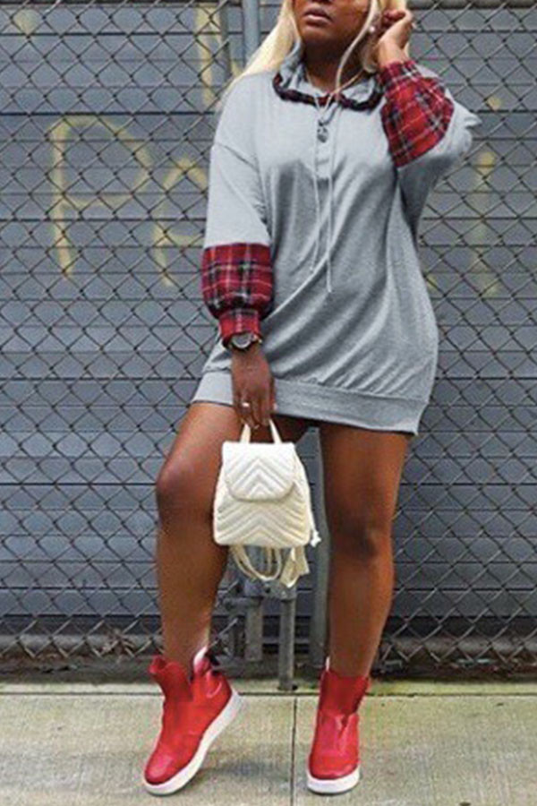 Grey Casual England Wrap sleeves Long Sleeves O neck Asymmetrical skirt Plaid Patchwork Solid Dresses