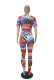 Multicolor Casual Print Patchwork O Neck Short Sleeve Two Pieces