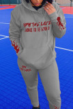 Wine Red Fashion Street Blends Letter Patchwork Print Patchwork Draw String Pocket Pullovers Pants Hooded Collar Long Sleeve Regular Sleeve Regular Two Pieces