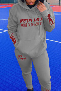 Grey Fashion Street Blends Letter Patchwork Print Patchwork Draw String Pocket Pullovers Pants Hooded Collar Long Sleeve Regular Sleeve Regular Two Pieces
