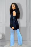 Dark Blue Turndown Collar Long Sleeve Patchwork Button Solid
