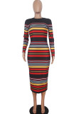 Red Casual Cap Sleeve Long Sleeves O neck Lantern skirt Mid-Calf Print Striped