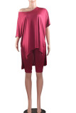 Wine Red Casual Solid pencil Half Sleeve Two Pieces