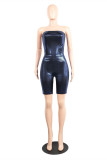 Blue Fashion Sexy Solid Backless Strapless Skinny Romper