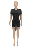 Yellow Fashion Solid Draw String O Neck Short Sleeve Dress