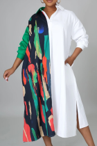 Multicolor Casual Print Patchwork Turndown Collar Shirt Dress Dresses