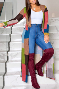 Multi-color Casual Elegant Twilled Satin Plaid Print Cardigan Bateau Neck Outerwear