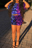 Blue Fashion Casual Camouflage Print Basic O Neck Short Sleeve Two Pieces