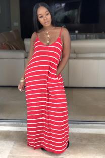 Red Sexy Fashion Spaghetti Strap Sleeveless Slip Step Skirt Ankle-Length Striped Solid Casual