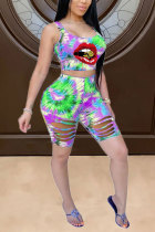 Green Fashion Casual adult Patchwork Print Tie Dye Burn-out Two Piece Suits Lips Print pencil Sleeveless Two Pieces