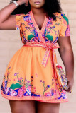 Orange Fashion Casual Print With Belt V Neck Short Sleeve Dress