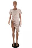 Light Blue Casual Sexy Fashion Cap Sleeve Short Sleeves O neck Asymmetrical skirt Draped Patchwork So