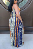 Hide Blue Fashion adult OL Hide Blue Spaghetti Strap Sleeveless V Neck A-Line Floor-Length Print Patchwork Dresses