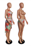 Red Fashion Sexy Print Bandage Hollowed Out Beach Swimwear Set