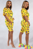 Yellow Fashion adult Sexy backless Print Two Piece Suits Patchwork Straight Short Sleeve Two-Pie