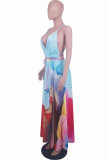 Red Fashion Sexy Print Backless Slit Spaghetti Strap Sleeveless Dress