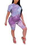 Powder blue Fashion Casual adult Patchwork Print Tie Dye Gradient Two Piece Suits pencil Short Sleeve Two Pieces