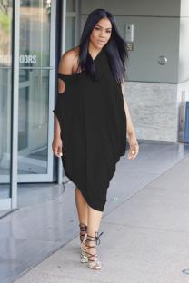 Black Street One Shoulder Short Sleeves one shoulder collar Lantern skirt Mid-Calf Solid Club D