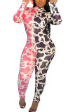 rose red Fashion street Print Long Sleeve O Neck Jumpsuits