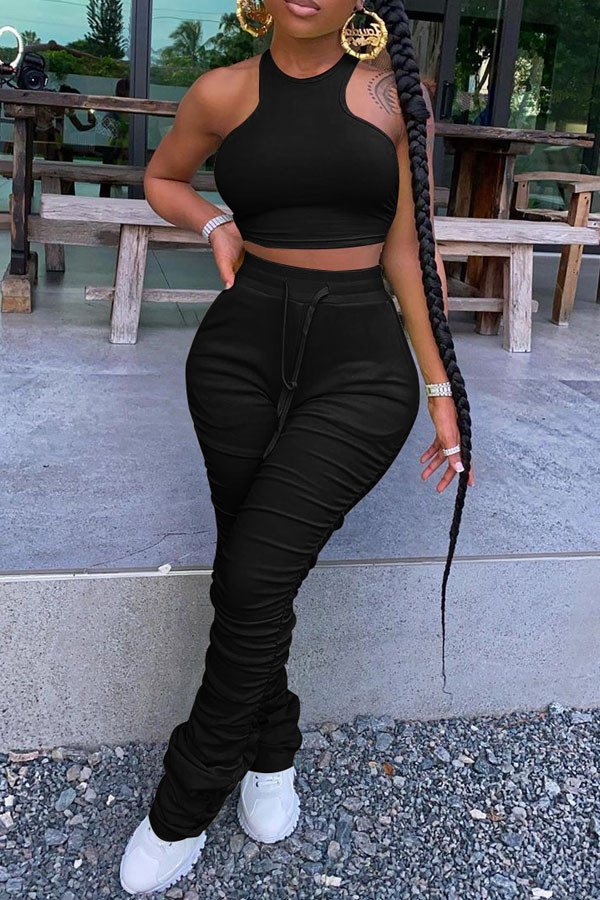 Black Active Solid pencil Sleeveless Two Pieces