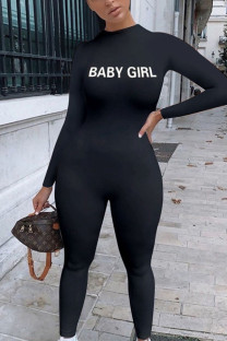 Black British Style Print Solid O Neck Skinny Jumpsuits