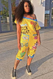 Yellow Sexy Fashion Patchwork Pocket Print Backless Short Sleeve one word collar Rompers