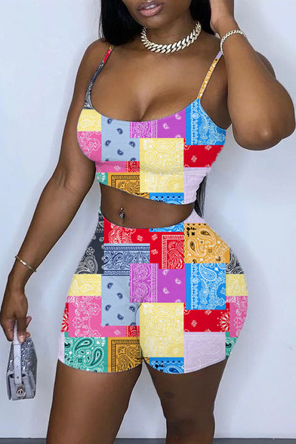 Yellow Sexy Casual Print Backless Spaghetti Strap Sleeveless Two Pieces