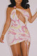 Pink Sexy Print Hollowed Out Backless One Shoulder Sleeveless Dress