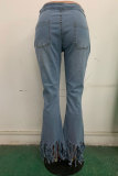 Blue Denim Button Fly Sleeveless Mid Patchwork Solid Tassel Boot Cut Pants Bottoms