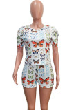 White Fashion Sexy Print Two Piece Suits Straight Short Sleeve Two Pieces