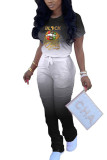 Orange Fashion Casual adult Ma'am O Neck Print Two Piece Suits Lips Print Pattern Plus Size