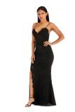 Black Fashion adult Sexy Spaghetti Strap Sleeveless V Neck Slim Dress Ankle-Length Patchwork spl