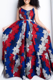 Red Sexy Print Patchwork High Opening Spaghetti Strap Sling Dress Plus Size Dresses