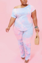 Blue Fashion Casual adult Ma'am O Neck Tie Dye Two Piece Suits Plus Size