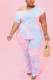 Blue Fashion Casual adult Ma'am O Neck Tie Dye Two Piece Suits Plus Size