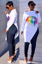 White O Neck Nine Sleeves Print Lips Print Zippered Split Tees & T-shirts