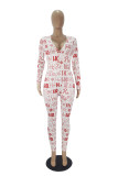 Red Living Print V Neck Skinny Jumpsuits